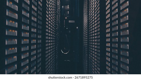 Empty server room, infrastructure and cybersecurity system with hardware for digital storage facility. Electronics, machine and network with information technology, backup and big data center