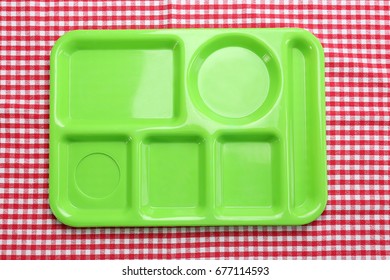 Empty Serving Tray For Food On Tablecloth. Concept Of School Lunch