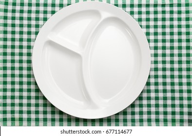 Empty Serving Tray For Food On Tablecloth. Concept Of School Lunch