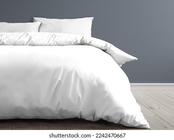 Empty set of bedding items mockup. Bed linen front view. White bed with clipping path. Pillows, duvet and bed sheet against grey wall, empty room.