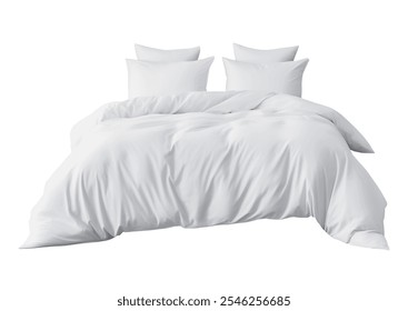 Empty set of bedding items mockup. Bed linen front view. White bed with clipping path. Pillows and duvet set ready for mock-up