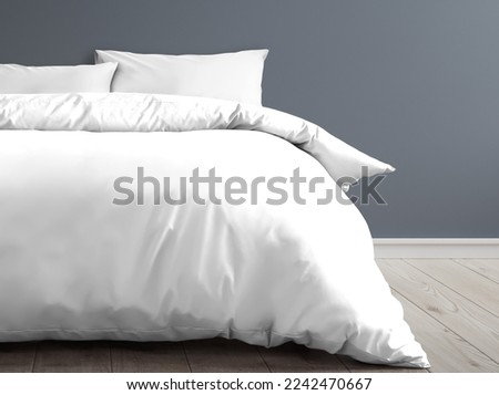 Empty set of bedding items mockup. Bed linen front view. White bed with clipping path. Pillows, duvet and bed sheet against grey wall, empty room.