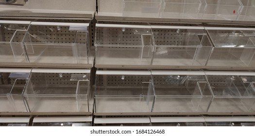 Empty  Shelves With Empty Containers Of Food Store After Panic Shopping. Toronto. Canada.