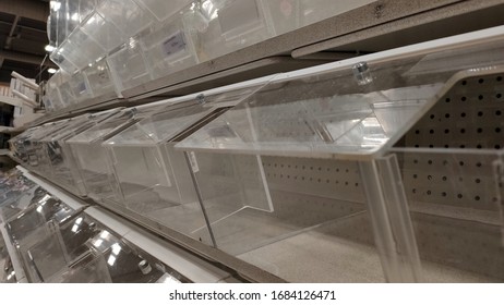 Empty  Shelves With Empty Containers Of Food Store After Panic Shopping. Toronto. Canada.