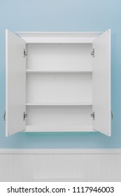 Empty Shelves For Product Display; Clean White Cabinet, Light Blue Wall Paint, White Beadboard Or Wainscoting