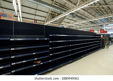 Empty Shelves In A UK Super Store Caused By The COVID-19 Panic Buying.