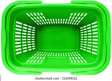 Empty Shopping Basket Green Color Top View Supermarket Trolley. Isolated On White Background. This Has Clipping Path.