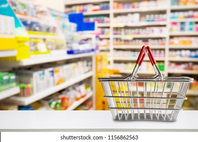 Empty Shopping Basket On Pharmacy Drugstore Counter With Blur Shelves Of Medicine And Vitamin Supplements Background