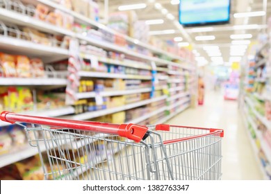 Empty Shopping Cart With Abstract Blur Supermarket Discount Store Aisle And Product Shelves Interior Defocused Background