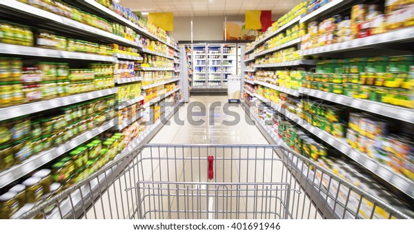 Empty Shopping Cart Between Rows Shelves Stock Photo (Edit Now) 401691946