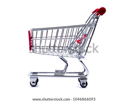 Empty Shopping Cart Isolated On White Background, Shopping Concept, Red Supermarket Car.
