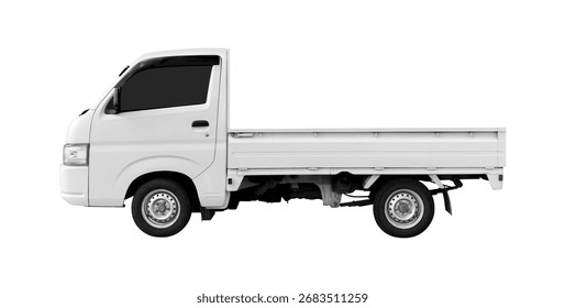 Empty side view white 4 wheel delivery mini truck isolated on white background