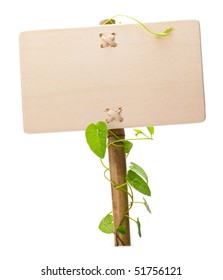 Empty Sign For Message On A Wooden Panel And Green Plant - Image Is Isolated On A White Background