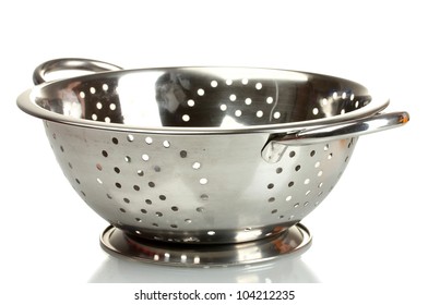 Empty Silver Colander Isolated On White