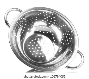 Empty Silver Colander Isolated On White