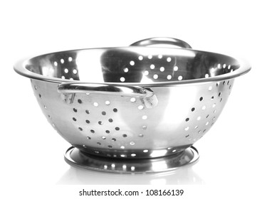 Empty Silver Colander Isolated On White