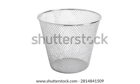 Empty silver metal wire mesh wastebasket for office paper