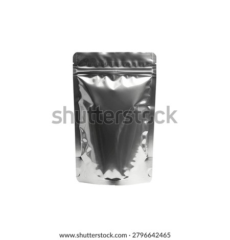 Empty silver metallic foil pouch bag with a zipper seal for food packaging or cosmetic products isolated on white