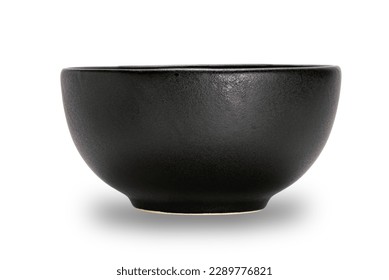 Empty single black ceramic bowl isolated on white background with clipping path, side view, closeup, horizontal format.