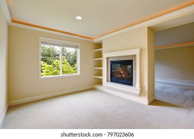 Empty Sitting Room Interior With Two Sided Fireplace, Built In Bookshelves And Beige Carpet Floor. Northwest, USA.