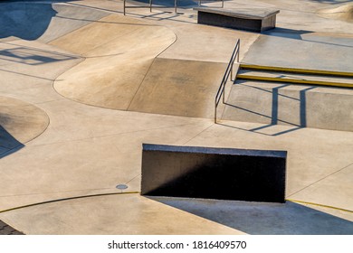 Empty Skatepark, Skateboarding Park In City At Sunny Day