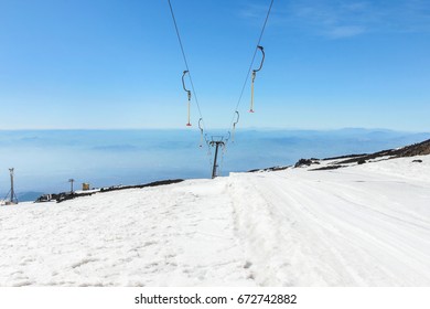 empty ski button lifts on snowy mount etna in winter