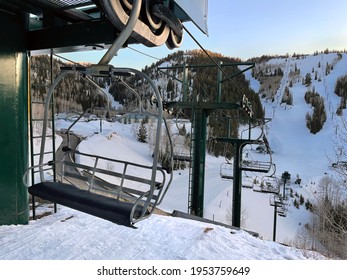 Empty ski lift March 30, 2021 Stein Eriksen Lodge resort in Deer Valley, Utah.