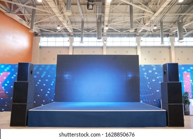 Empty Small Blue Stage For Concerts With Speakers - Moscow, Russia, 12 13 2019