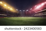 Empty soccer stadium with spotlight and fan tribune with Germany flag attributes. 3D render. German football team. Concept of live sport events, tournament, championship, game