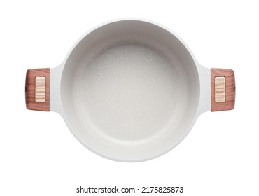 Empty Soup Pot Made Of Forged Aluminum With Non-stick Coating 
Isolated On White Background. Top View.