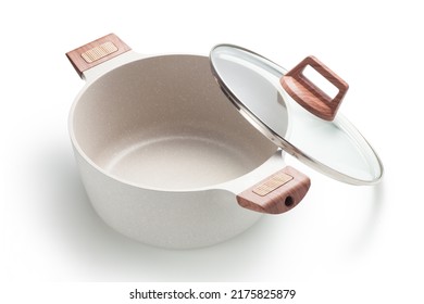 Empty Soup Pot Made Of Forged Aluminum With Non-stick Coating 
Isolated On White Background. 