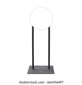 Empty space of circle light box, signboard black color metal stand and frame isolated on white background 