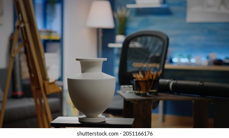 Empty Space Of Creative Workshop Room With Craft Furniture. Close Up Of Vase And Nobody In Artistic Studio For Artwork Design And Drawing. Interior With Professional Tools And Pencils