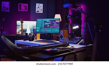 Empty space filled with mixing instruments and electronic tools, soundboard console and mastering panel used for recording tunes. Awd software on pc used in acoustical engineering. Camera B.