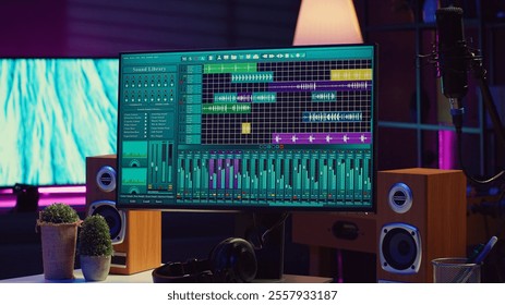 Empty space filled with mixing instruments and electronic tools, soundboard console and mastering panel used for recording tunes. Daw software on pc used in acoustical engineering. Camera A.