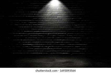 Empty Space Of Studio Dark Room Black Brick Wall And Spotlight With Concrete Floor For Showing Product.