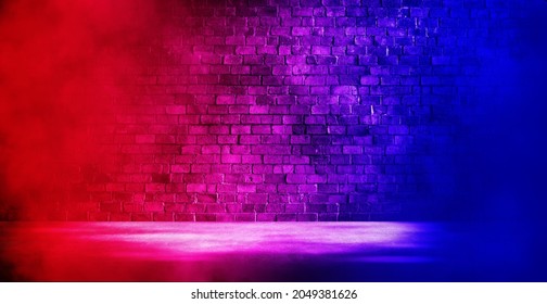 Empty Space Of Studio Dark Room With Fog Or Mist And Lighting Effect Red And Blue On Brick Wall And Concrete Floor Grunge Texture Background.