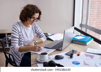 Empty space for text. Female accountant is working from home.