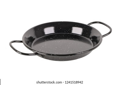 Empty spanish paella pan on a white background