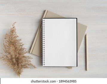 Empty Spiral Notebook Mockup For Planner Template, Art, Lettering Or Text, Wedding Planner, Neutral Colors, Flat Lay.	