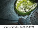 Empty spiral staircase of underground walkway. View of green tree in Fort Canning Park in Singapore.
