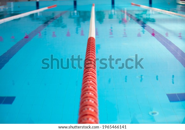 An empty sports pool with a red dividing\
path. Blue water in the swimming\
pool.