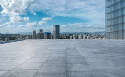 Empty Square Floor And City Skyline With Modern Buildings In Ningbo, Zhejiang Province, China. 