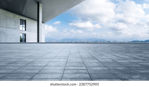 Empty square floor   city skyline and building background