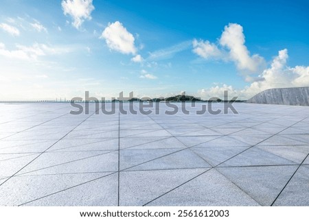 Empty square floor and coastline with sky clouds nature landscape under blue sky. Outdoor natural background.