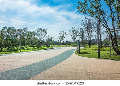 Empty Square Floor And Green Mountain Nature Landscape In City Park