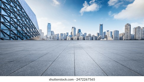 Empty square floor with modern city commercial buildings scenery. Panoramic view.