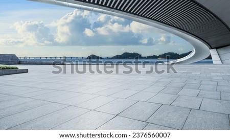 Empty square floor and sea with island natural landscape 