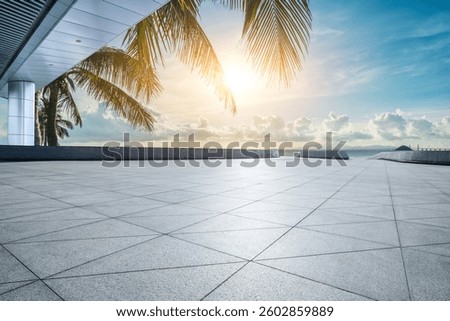 Empty square floors and palm tree scenery by the sea