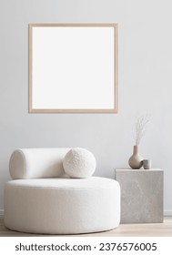 Empty square frame mockup in modern minimalist interior with plant in trendy vase on white wall background. Template for artwork, painting, photo or poster